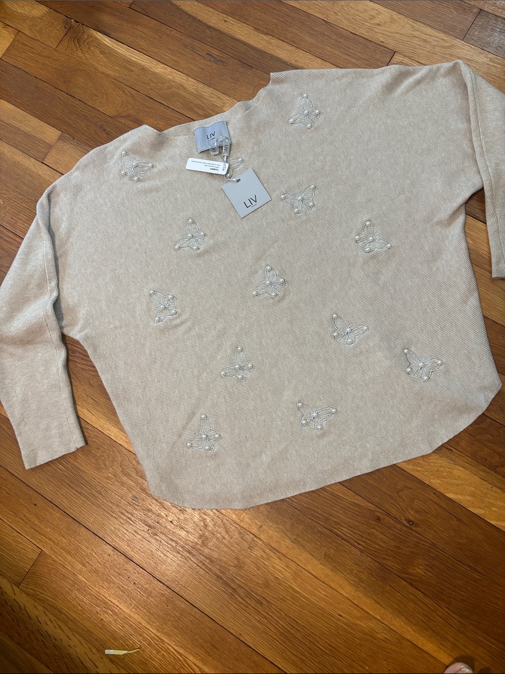 Liv Milano Heather Oatmeal Crewneck Sweater with Beaded Butterflies - Picture 9 of 9